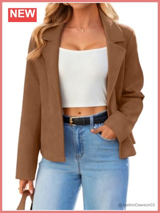 Other - Lightweight Faux Suede Open Front Cropped Jacket Notch Lapel